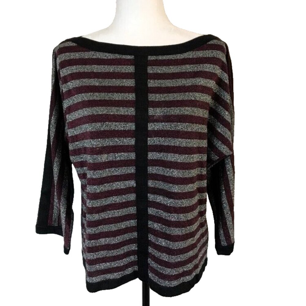 ST. JOHN Wool Rayon Sweater Yellow Label Medium Silver Burgundy Metallic Thread